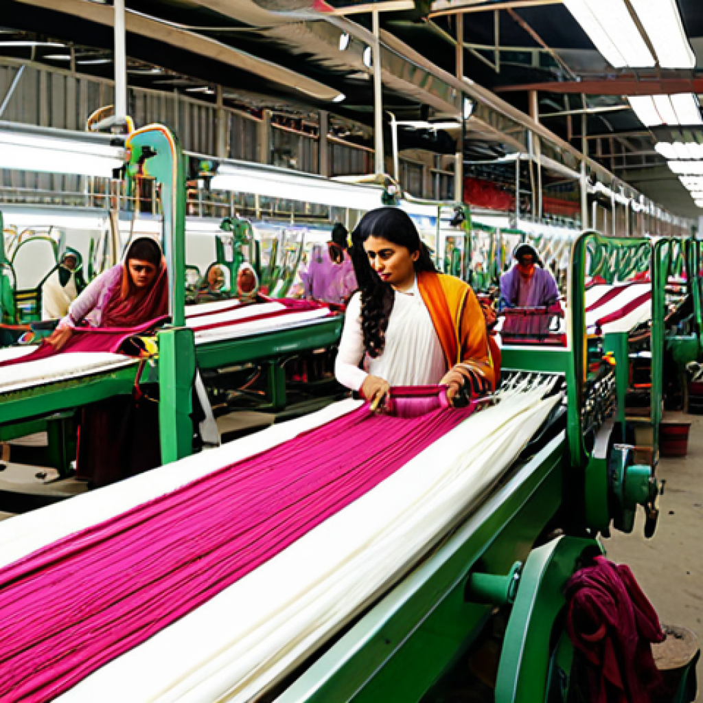 **

A vibrant, bustling textile factory in Pakistan or India. Focus on the fusion of traditional craftsmanship (e.g., handloom weaving) with modern technology (e.g., automated dyeing machines). Include diverse textile patterns and colors popular in South Asia. The scene shows engineers and workers collaboratively solving a technical problem, emphasizing the blend of expertise needed in the industry. Consider incorporating Urdu script signage within the factory to enhance cultural relevance.

**