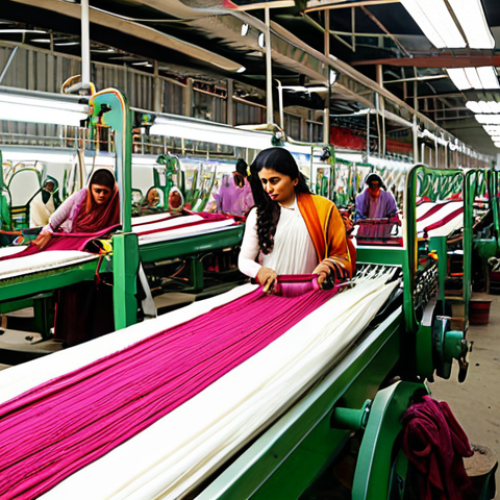 Home 11 **
A vibrant, bustling textile factory in Pakistan or India. Focus on the fusion of traditional craftsmanship (e.g., handloom weaving) with modern technology (e.g., automated dyeing machines). Include diverse textile patterns and colors popular in South Asia. The scene shows engineers and workers collaboratively solving a technical problem, emphasizing the blend of expertise needed in the industry. Consider incorporating Urdu script signage within the factory to enhance cultural relevance.
**