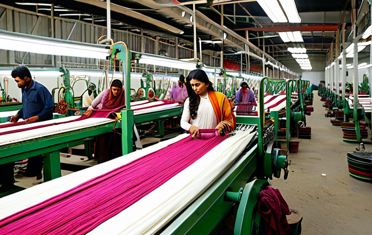 **
A vibrant, bustling textile factory in Pakistan or India. Focus on the fusion of traditional craftsmanship (e.g., handloom weaving) with modern technology (e.g., automated dyeing machines). Include diverse textile patterns and colors popular in South Asia. The scene shows engineers and workers collaboratively solving a technical problem, emphasizing the blend of expertise needed in the industry. Consider incorporating Urdu script signage within the factory to enhance cultural relevance.
**