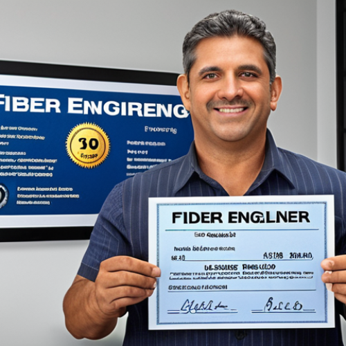 Home 6 **Fiber Engineering License Importance:** A fiber engineer proudly displaying their official license, symbolizing knowledge and industry respect, possibly in a modern office setting.