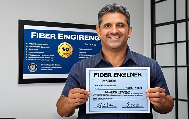 **Fiber Engineering License Importance:** A fiber engineer proudly displaying their official license, symbolizing knowledge and industry respect, possibly in a modern office setting.